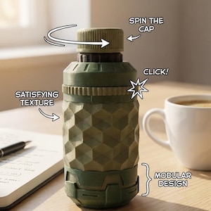 Puede incluir: Una botella modular verde oliva con un diseño geométrico texturizado. La tapa dice "Spin the Cap" y el cuerpo tiene el texto "Satisfying Texture" y "Click!". Una taza blanca y un cuaderno están en el fondo.