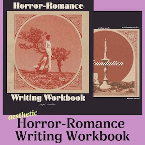 May include: Two rectangular writing workbooks with black covers and cream-colored inserts. The left cover features the text Horror-Romance Writing Workbook and an illustration of a person in a field. The right cover shows a candle and the word foundation.