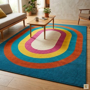 May include: A rectangular area rug with a vibrant, retro design. The rug features concentric oval shapes in teal, orange, yellow, pink, and white. The rug is placed on a hardwood floor, with a wooden coffee table and sofa in the background.