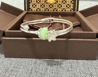 Pure Silver Lotus Bangle with Green Jade, Dainty Floral Bracelet, Spiritual Jewelry