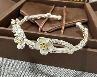 Sterling Silver Twig Flower Cuff Bracelet • Hammered Artisan Bangle Jewelry