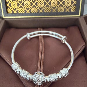 Handmade Solid Silver Bangle, Openwork Heart Charm, Textured Rope Beads, Adjustable Bracelet