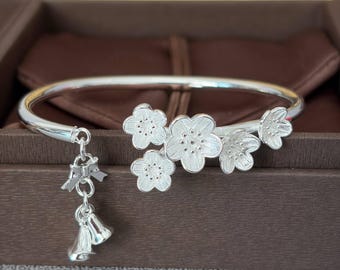 Pure Silver Cherry Blossom Bangle, Floral Cuff Bracelet with Bell Charm