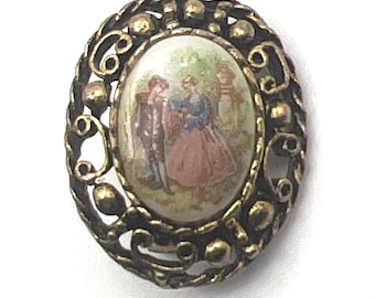 Vintage Victorian Revival Romantic Scene Brooch Gold Tone Filigree Porcelain Cameo Pin Cottagecore Jewelry