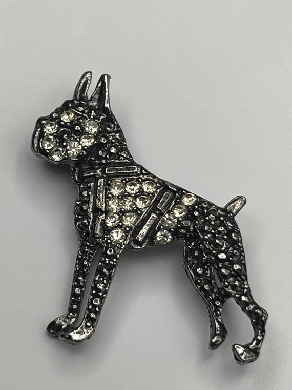Vintage Boxer Dog Rhinestone Brooch Silver Tone Puppy Pin Figural Dog Jewelry View 6