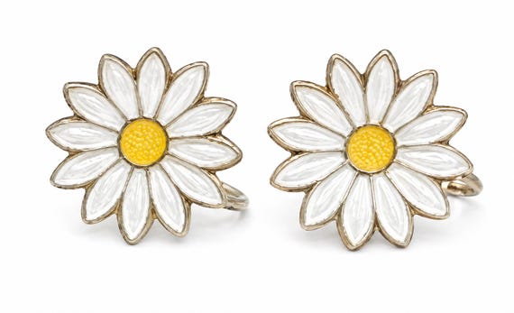 Vintage Sterling Silver Daisy Enamel Earrings – Norwegian Floral Screw Back