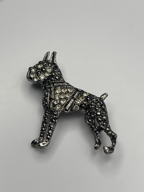 Vintage Boxer Dog Rhinestone Brooch Silver Tone Puppy Pin Figural Dog Jewelry View 5