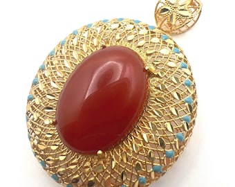 18K Gold Filigree Red Agate Turquoise Statement Pendant – Estate Jewelry