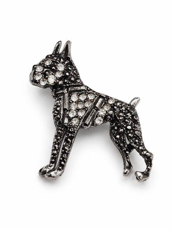 Vintage Boxer Dog Rhinestone Brooch Silver Tone Puppy Pin Figural Dog Jewelry