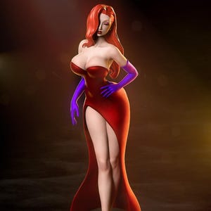 Könnte beinhalten: Eine rot gekleidete Figur mit langen roten Haaren und lila Handschuhen steht auf einer runden, beleuchteten Bühne. Das trägerlose Kleid hat einen hohen Schlitz, und die Figur trägt rote Absätze. Das Gesamtdesign erinnert an eine klassische Zeichentrickfigur.