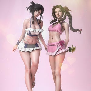 May include: A figurine featuring two female characters in swimwear. One wears a white and blue bikini with a matching skirt, the other a pink bikini and skirt. They stand on a beach-themed base with a beach ball.