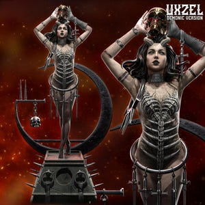 May include: A detailed digital art piece featuring a female figure with a skeletal design on her torso and a golden skull held above her head. The figure is standing on a platform with a crescent moon backdrop, with the text "UXZEL DEMONIC VERSION" in the upper right corner.