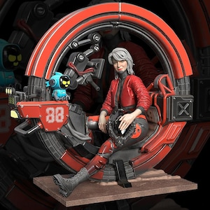 May include: A futuristic figurine of a woman in a red jacket and black pants seated in a red and black vehicle. A small blue robot sits on the vehicle. The number "88" is displayed on the vehicle.