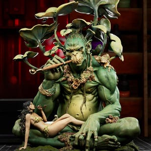 Puede incluir: Una escultura detallada de una figura monstruosa verde con rasgos vegetales, fumando en pipa. Una mujer en bikini se recuesta cerca. La escultura tiene detalles intrincados, con un enfoque en las expresiones y texturas de las figuras. El tema general es la fantasía.