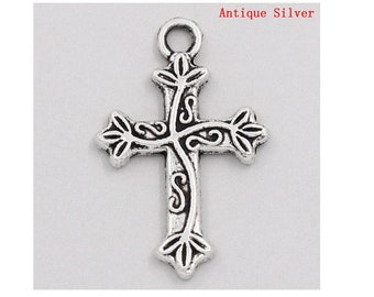 Antique silver cross charm - antique silver cross pendant - Cadmium free - 25mm x 16mm (2231)