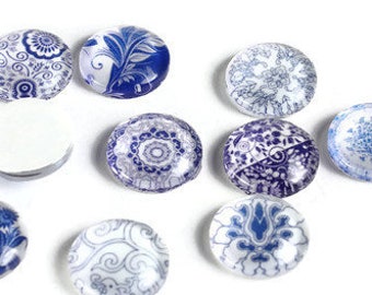 12mm Flower cabochons - 12mm blue white flat round cabochons - 12mm glass cabochon - 12mm Printed Cabochons (2059)