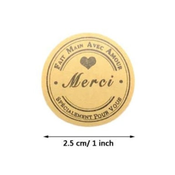 Merci sticker - French Thank you message - Merci heart label - Merci en français étiquette -  1" round labels - Kraft and black color (2436)