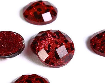 12mm Red Leopard cabochon - Animal print cabochons - Cheetah cabochon - 12mm faceted cameos - Glitter cabochons (1721)
