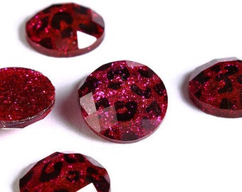 12mm Hot pink Leopard cabochon - Animal print cabochon - Cheetah cabochon - 12mm faceted cameo - Glitter cabochon (1722)