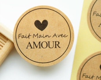 Fait main avec Amour sticker - French Handmade message - heart label - étiquette en francais -  1.5" labels - Kraft and black color (2445)