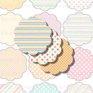 12 retro mixed color scalloped circles 2.5 inches 62mm - scalloped tag - Printable digital collage sheet INSTANT DOWNLOAD - cs0256