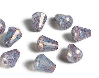 Faceted drop beads - Blue Opaline and Silk Mix with GoldPurple Marbled Finish bead - Czech glass beads - faceted beads - 8mm x 6mm (6001)