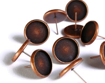 12mm earstud antique copper findings - Blank Bezel Earring Tray - nickel free lead free cadmium free - 10 pieces (5 pairs) (1530)