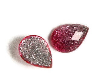 Pink silver teardrop cabochon - Gradient sparkly cabochon - Galaxy glitter cabochon - Kawaii cabochon - 14mm x 10mm (1715)