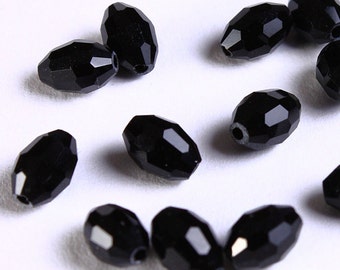 Black rice beads - Black glass beads - Black oval beads - Black faceted glass bead - Black opaque beads - 6mm x 4mm (1095)