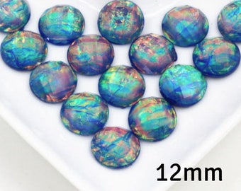 12mm Foil cabochon - 12mm faceted cabochons - 12mm AB color cabochons - 12mm Green yellow copper blue cabochon - metal foil cabochon (2228)