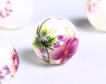 12mm Purple green flower beads - 12mm ceramic beads - floral round bead (907)