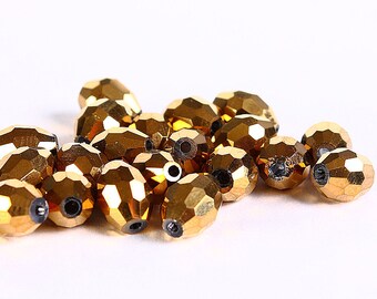 Gold rice beads - Electroplated metallic gold  beads - Faceted glass oval beads - 9mm x 6mm (309---)