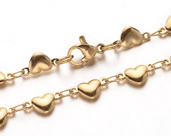 Stainless steel bracelet - Heart Link Chain Bracelet with Lobster Clasp - Gold color - 8 1/2 inches (2531)