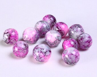 8mm Pink white purple mottled beads - 8mm round glass beads - Opaque glass beads (1159)