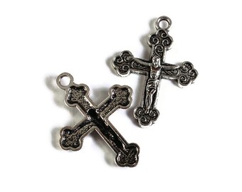 Cross charm pendant - christian cross Jesus - antique silver - Jesus Crucifix medal Catholic Christian - 29mm x 22mm (1750)