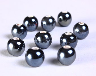 8mm Grey AB finish beads - Gray AB round bead - 8mm bright glazed porcelain bead - handmade bead - AB finish bead (843)