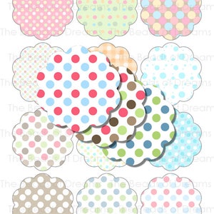 12 polka dots scalloped circles 2.5 inches 62mm - scalloped tag - Printable digital collage sheet - rounds - INSTANT DOWNLOAD (cs0077)