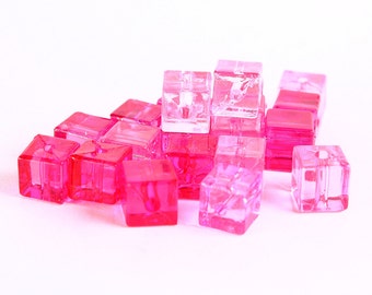 7mm Pink fuschia transparent cube beads - 7mm square resin beads - Shades of pinks (362--)