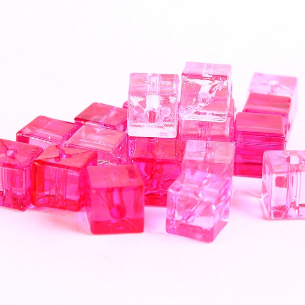 7mm Pink fuschia transparent cube beads - 7mm square resin beads - Shades of pinks (362--)