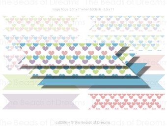 10 Digital flags hearts blue purple green red - Straw Flag - Printable digital collage sheet - flag 2.5x1 Inch - INSTANT DOWNLOAD - cs0206