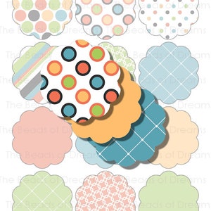 12 mixed color blue green orange scalloped circles 2.5 inches 62mm - scalloped tag - Printable digital collage sheet INSTANT DOWNLOAD cs0231