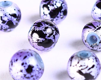 8mm Drawbench purple silver black beads - 8mm round glass bead - 8mm spray painted beads (697)