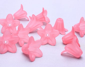 Pink frosted lily beads - Pink trumpet beads - flower beads - 18mm x 12mm (524)