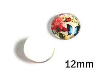 12mm Butterfly Flower cabochons - 12mm pink blue cabochons - 12mm flat round cabochon - 12mm glass cabochon - 12mm Printed Cabochons (2145)