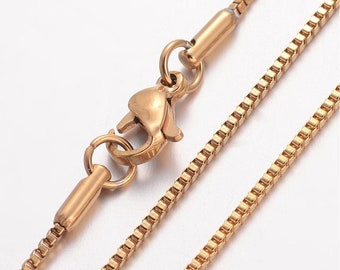 18" length - Vacuum Plating 304 Stainless Steel Necklace - Box Chain - Gold color chain - Chain with Lobster Clasp - 18 inches (2472)