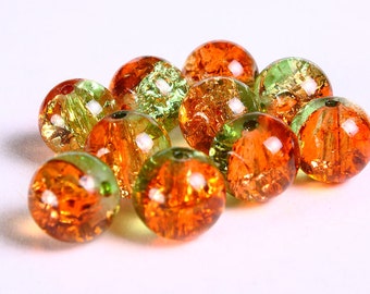 10mm Orange and green crackled beads - 10mm mix color round beads - 10mm Orange and green crackle glass bead (225)