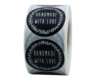 Handmade with love stickers - Handmade with love labels - 1.5" round labels - Black white message label (2320)