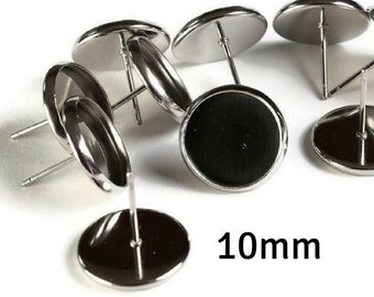 10mm Stainless Steel Earstuds - Blank 10mm Cabochon Setting - Bezel Stud Earrings - 10 pieces (5 pairs) (2122)