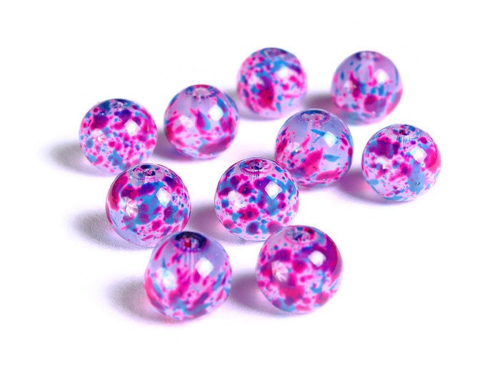 Pink Blue design glass beads,unique coated  beads,303 Ships USA 10mm rounds 2-Pink,Purple Blue Round glass Beads Purple