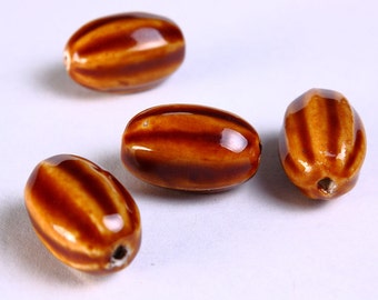 21mm brown handmade beads - 21mm bright glazed porcelain bead - 21mm melon oval beads - 21mm x 13mm (802)